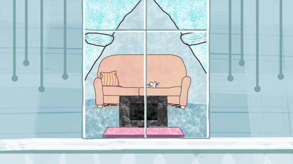 孤独看电视的猫咪窗户沙发电视插画