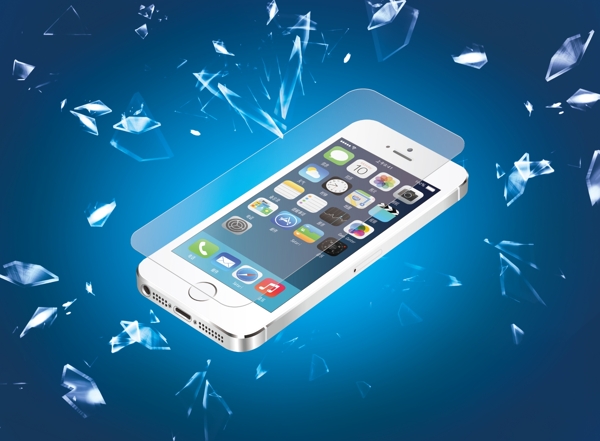 手机蓝色背景玻璃飞溅图片