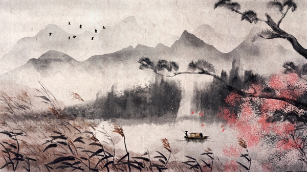 唯美古风古典中国水彩画水墨画插画