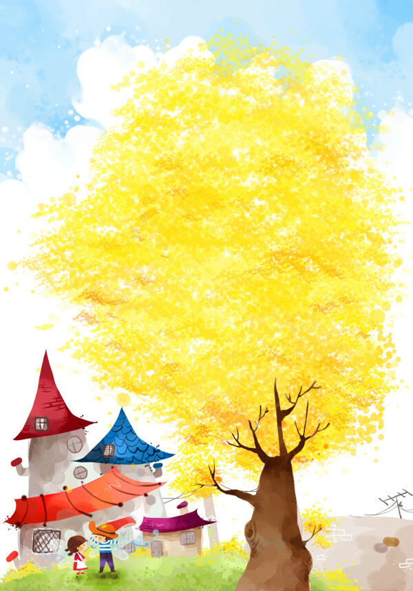 秋天树叶房子手绘背景
