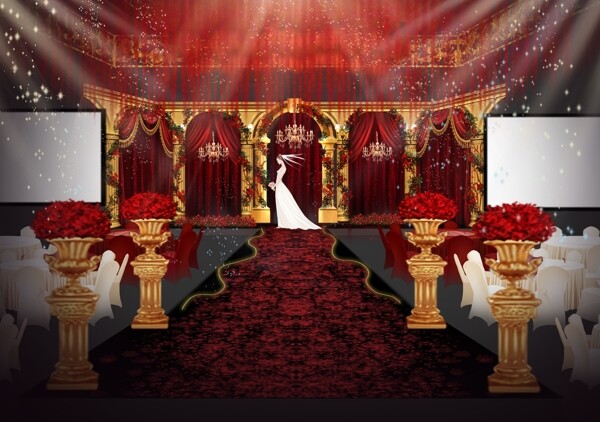 欧式红金主题婚礼舞台效果图