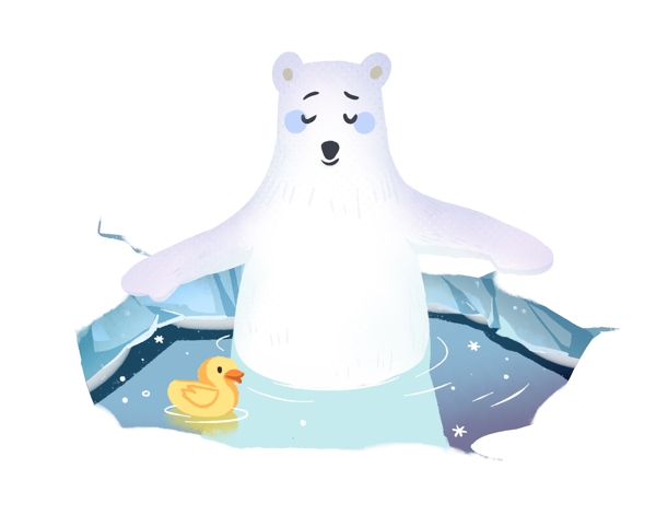 冬天可爱北极熊雪地泡澡手绘免抠素材