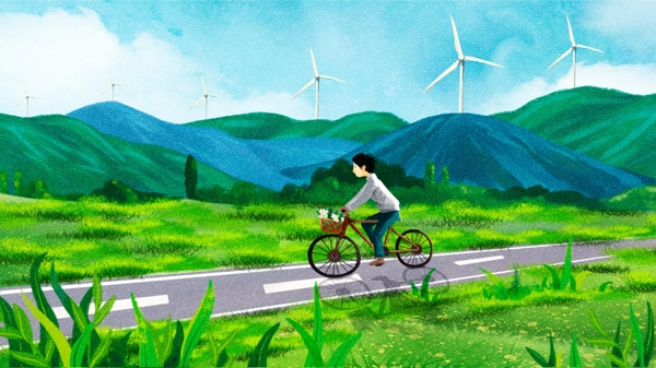 卡通旅游出行骑行自驾游风景插画
