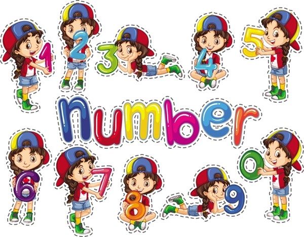 貼紙女孩和數(shù)字插圖
