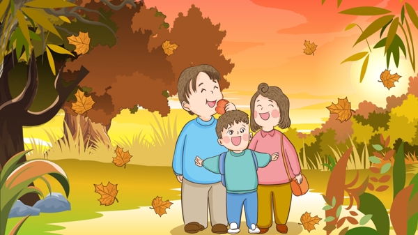 秋天风景一家人在树林里感受秋天的味道插画