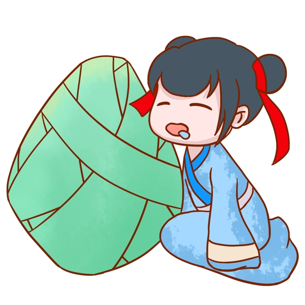 端午节吃粽子的小女孩手绘插画