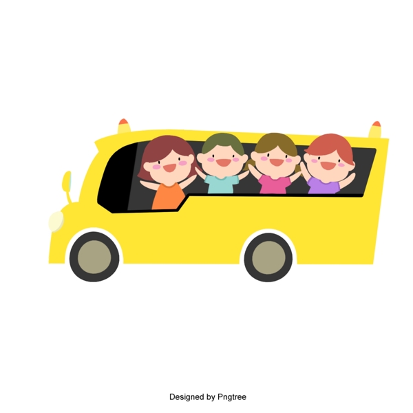 卡通可爱的孩子坐公共汽车去学校