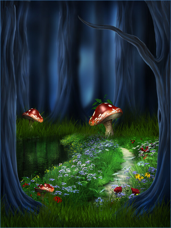 油画夜色蘑菇风景图