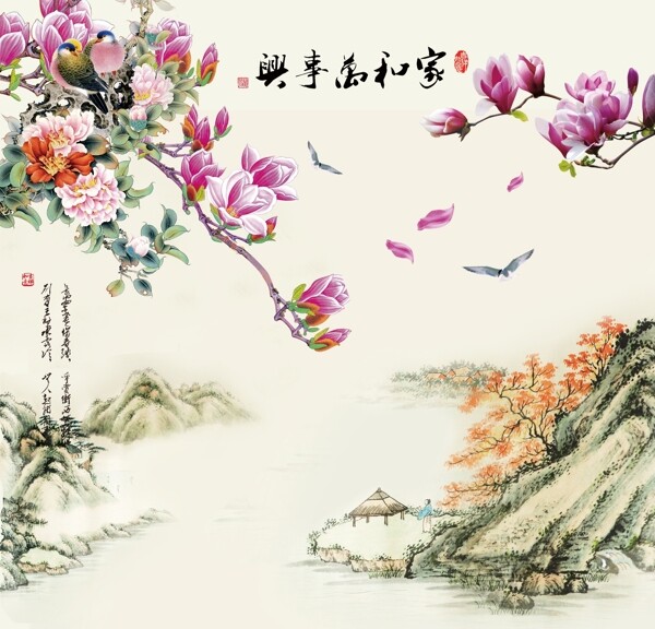 家和富貴工筆花鳥電視背景墻