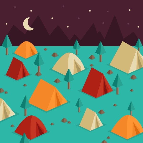 夜晚野营地多种彩色帐篷矢量素材