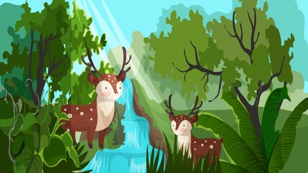 森林与鹿森林小溪旁的鹿矢量插画