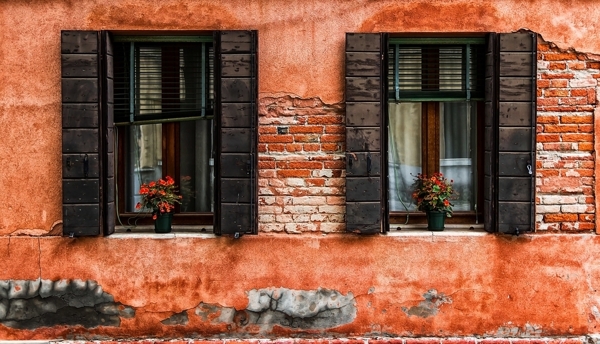 窗户建筑花盆红砖风景