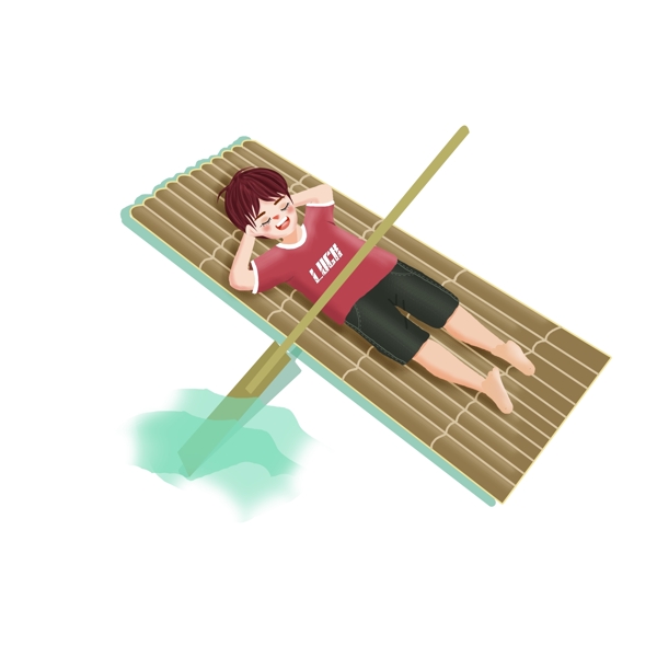 清新手绘躺着竹筏上的男孩子