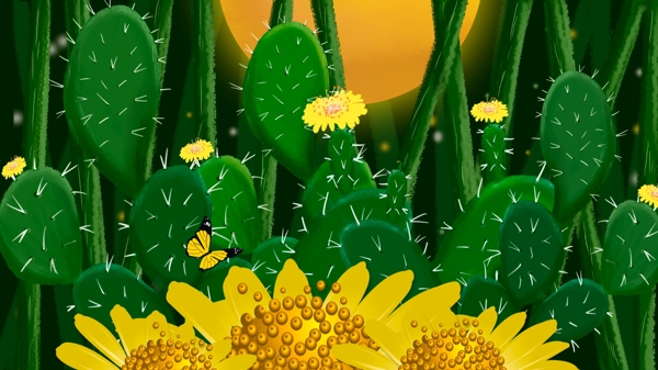 绿色仙人掌开出的黄色小花卡通背景