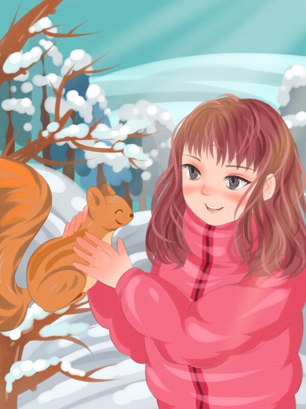 唯美冬季阳光雪林里的小松鼠和小女孩