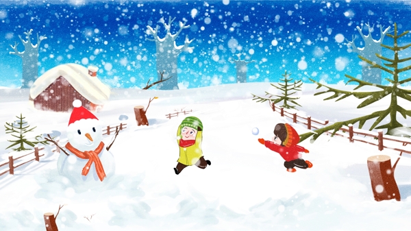 冬季雪景二十四节气大雪打雪仗肌理原创插画