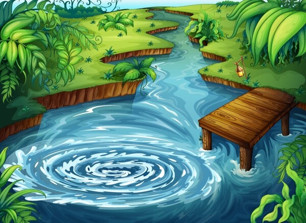 池塘木桥风景图片