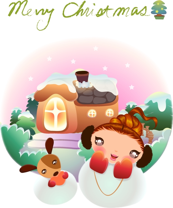 卡通小女孩看雪景