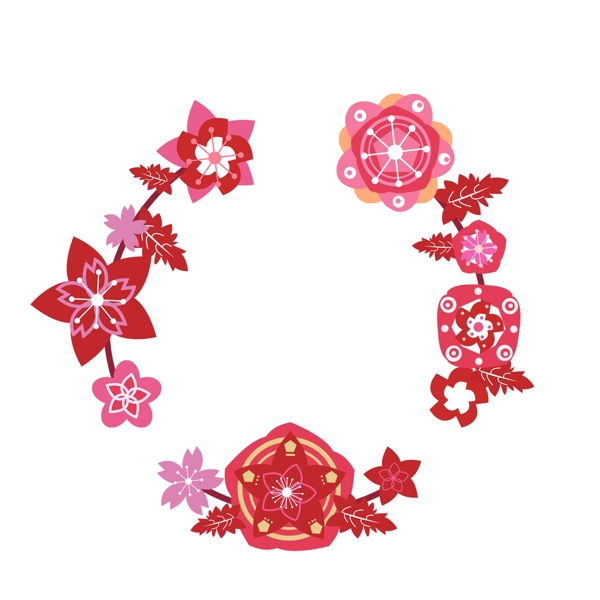 红色镂空剪纸樱花图案樱花花环边框