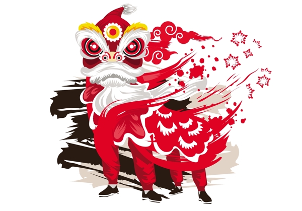 矢量水墨风格插画中国传统舞狮节背景