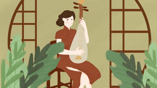 旗袍女琵琶中国风特殊装扮手绘插画配图