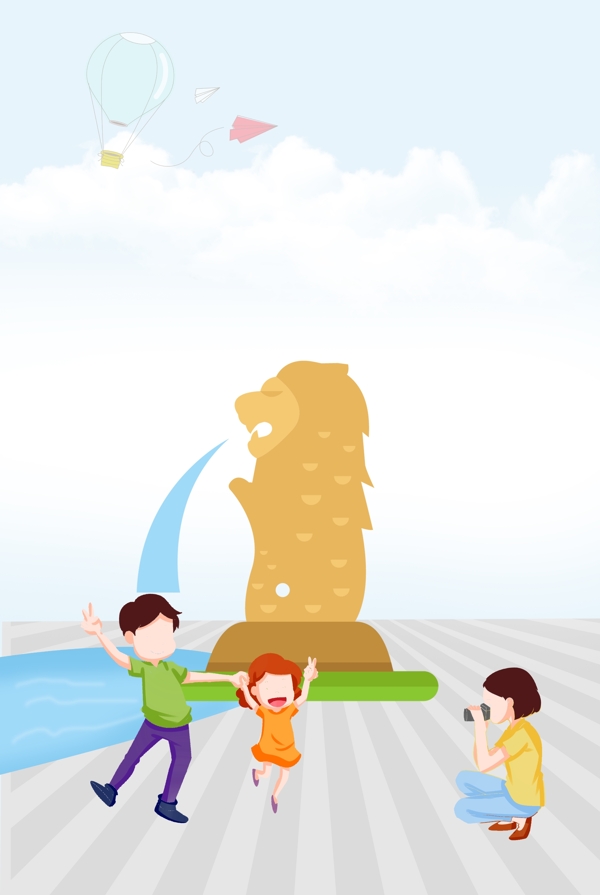 新加坡鱼尾狮卡通家庭旅行游玩背景