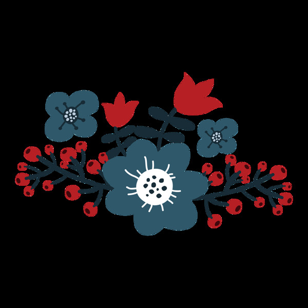 手绘野果红花蓝花透明花朵素材