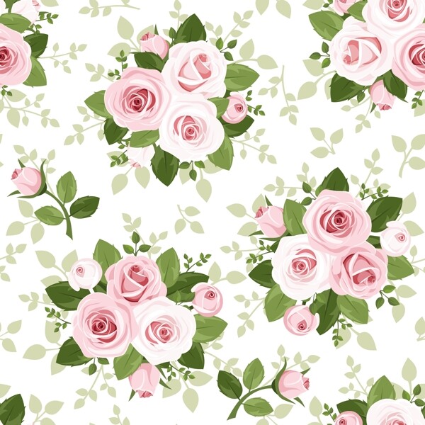 粉色玫瑰花束无缝背景矢量图