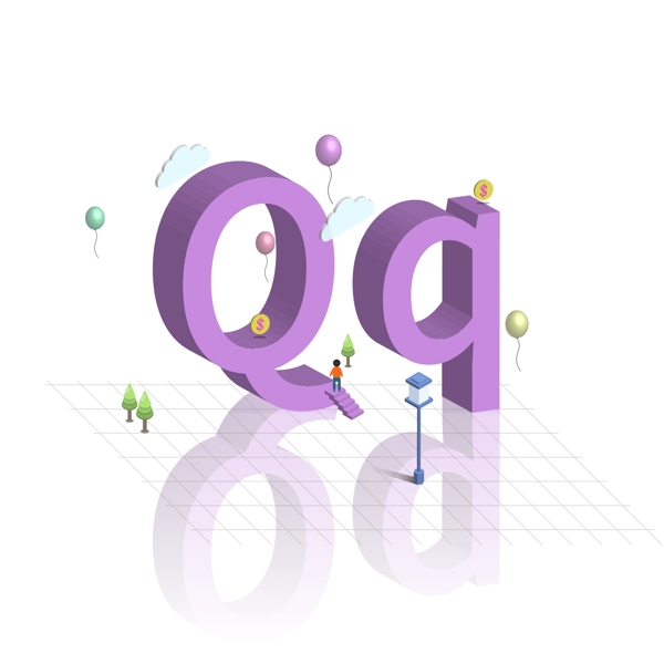 原创2.5D立体大小写英文字母设计Q