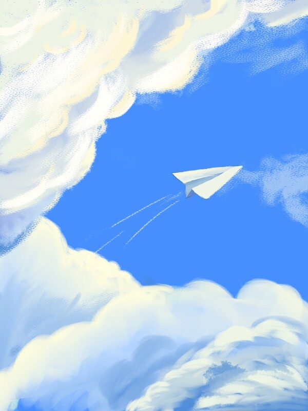 手绘蓝天白云纸飞机突破云层背景