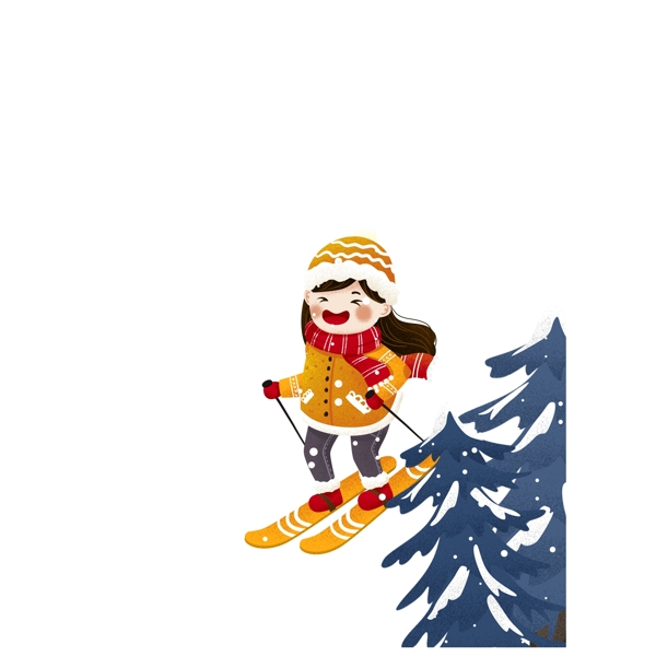 卡通可爱笑着滑雪的女孩元素