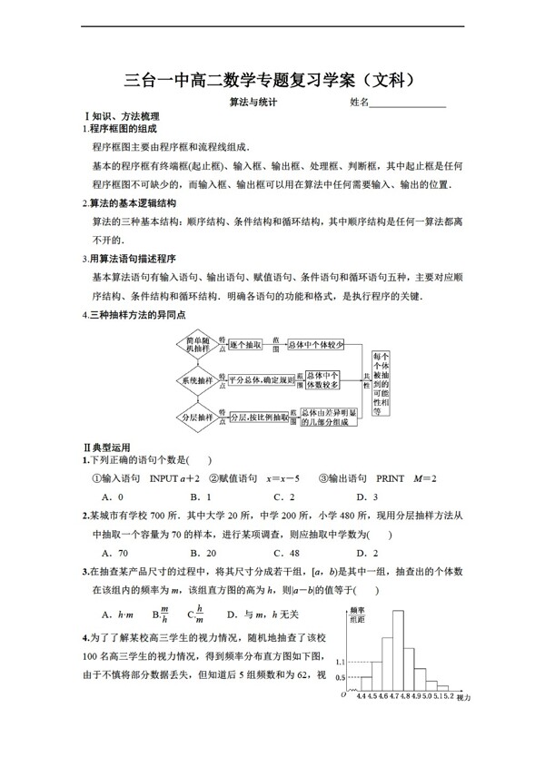 數(shù)學(xué)人教新課標(biāo)A版三臺(tái)一中專題復(fù)習(xí)學(xué)案算法與統(tǒng)計(jì)