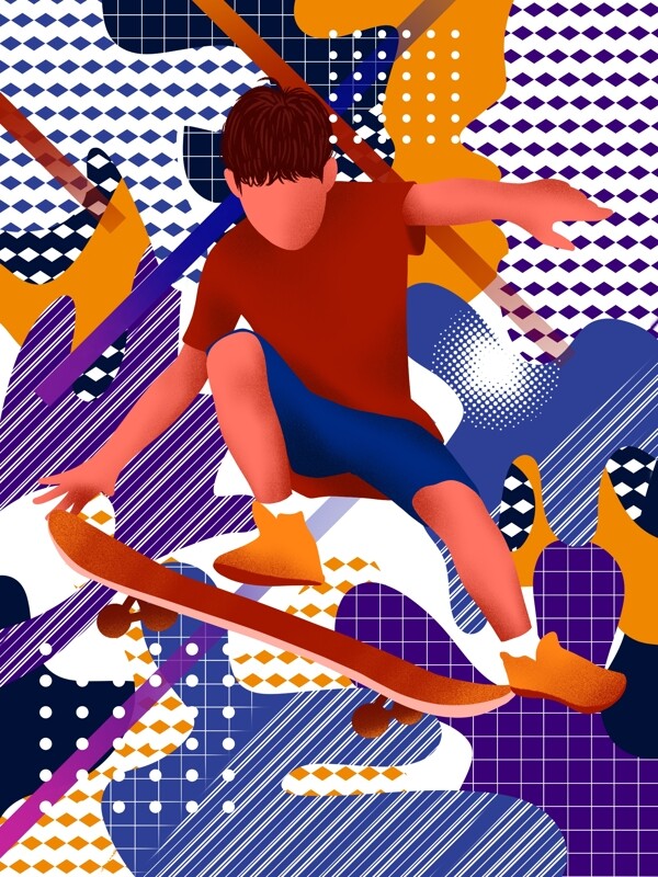 游走的梦玩滑板男孩撞色插画