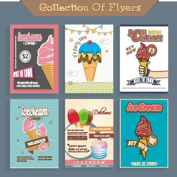 六种不同的冰淇淋传单模板或价格卡的设计