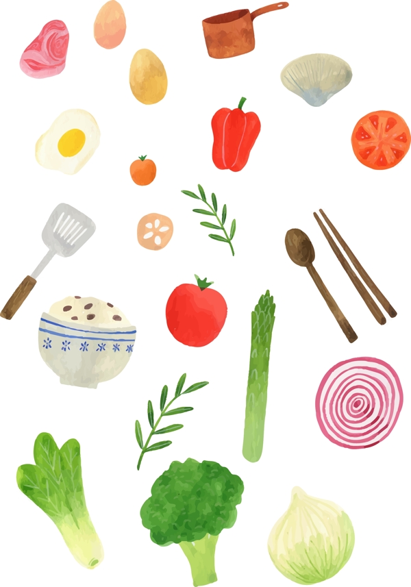 手绘蔬菜食材餐具厨具