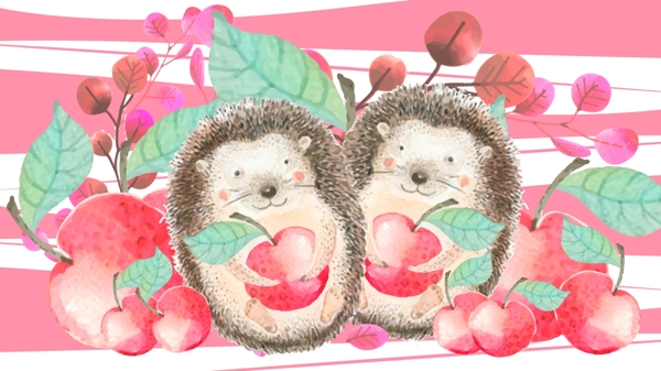 原创绘制儿童画本可爱的小动物插画刺猬苹果