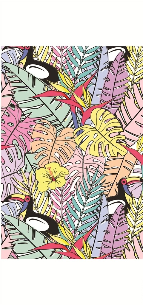 热带植物鸟类花朵四方连续底纹