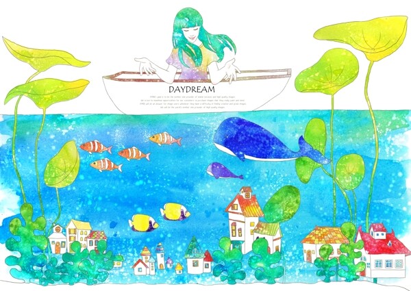 划船在湖上的绿头发女孩子插画素材