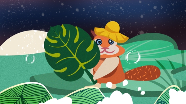 萌宠可爱的小松鼠手持树叶扇风插画