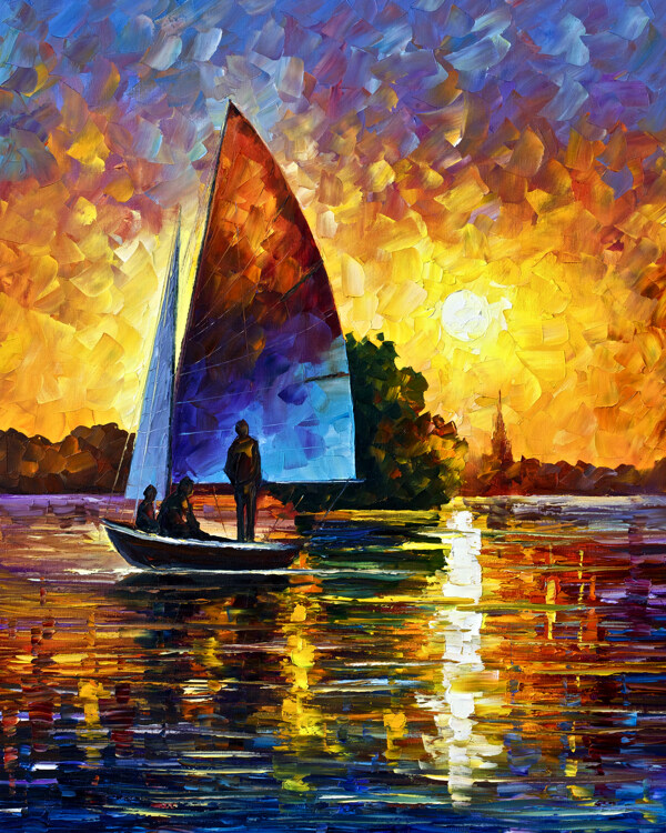 傍晚的水面上的帆船油画图片