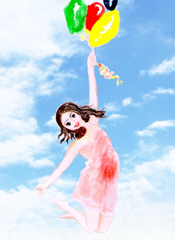 水彩插画彩色气球带少女飞翔