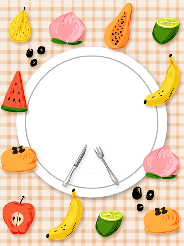 原创插画水果盘子小清新餐桌可爱卡通彩色