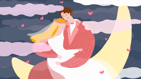 情侣结婚夜空云端场景绘本扁平风原创插画
