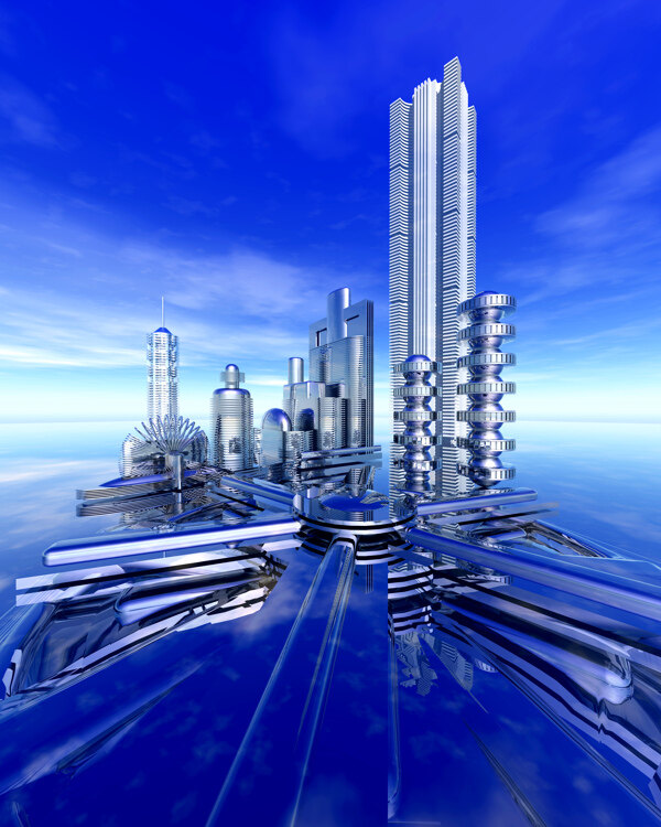 商業(yè)空間樓房建筑效果圖高樓大廈高科技區(qū)水滴科幻