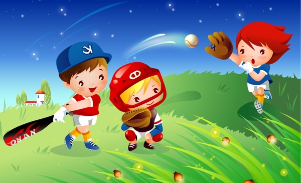 卡通儿童垒球运动矢量素材