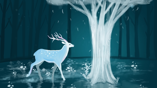 森林与鹿插画在树下的鹿治愈插画海报配图
