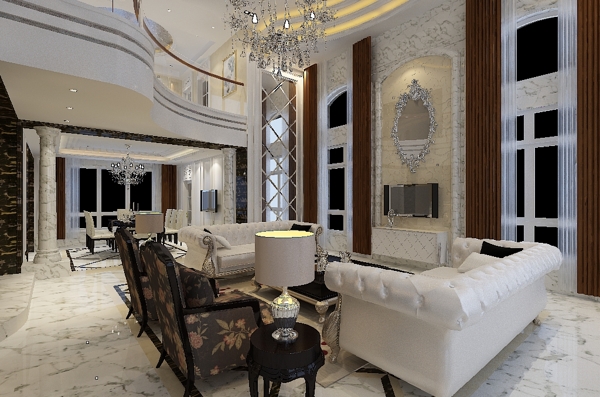 现代别墅欧式客厅空间效果图模型
