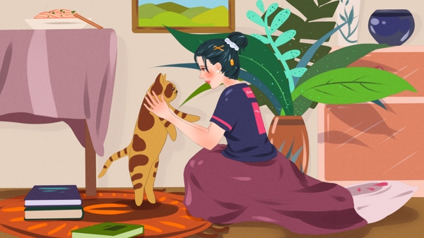萌宠系列家中和猫四目相对的少女清新插画
