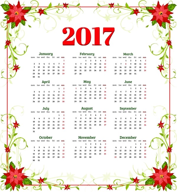 年历日历花朵2017年日历设计矢量素材