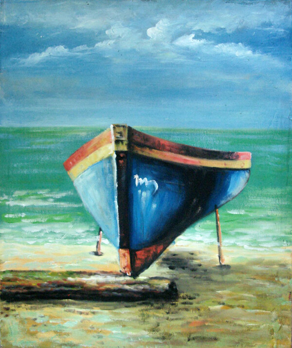 海边的木船油画图片